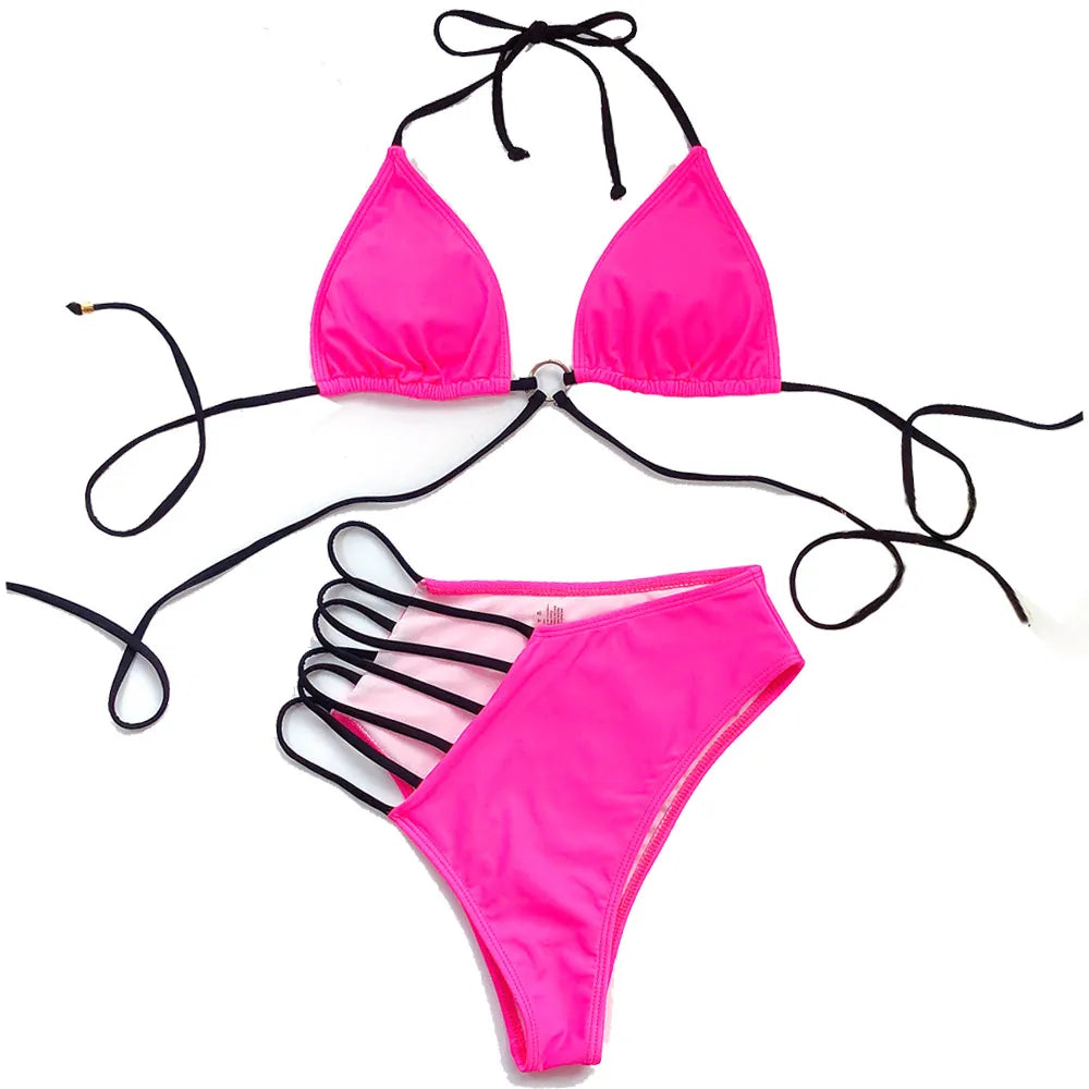 Vigorshely Sexy High Waist Swimwear Women String Bikini Set 2023 Halter Swimsuit Female Brazilian Biquini Bathing Suit Swim Wear