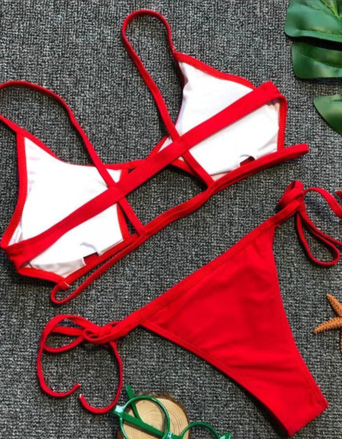 Load image into Gallery viewer, Hollowed Red Sexy Bikini Set Women String Swimsuit Push Up Swimwear 2023 Tied Thong Brazilian Bikini Bathing Suit Swim Wear
