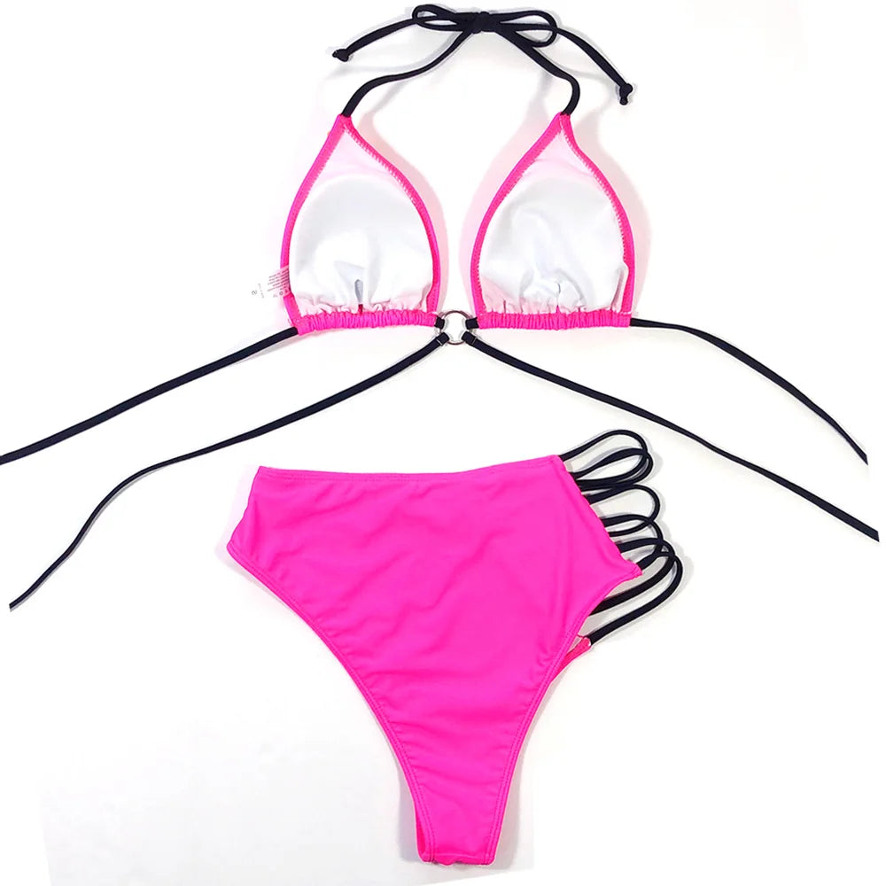 Vigorshely Sexy High Waist Swimwear Women String Bikini Set 2023 Halter Swimsuit Female Brazilian Biquini Bathing Suit Swim Wear