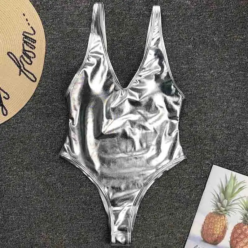 NEW Shiny Gold Silver One Piece Swimsuit Women Swimwear Female Bather V Neck Bathing Suit Swim Wear Monokini