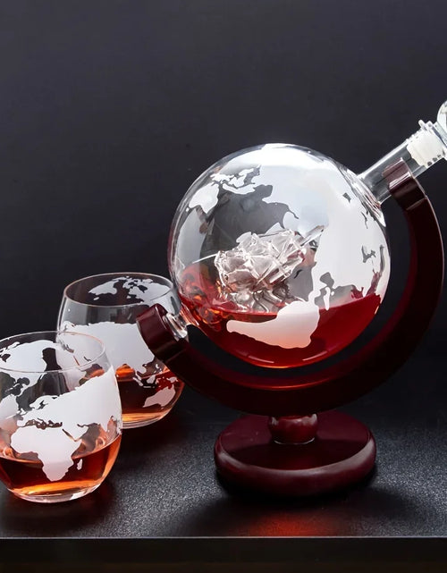 Load image into Gallery viewer, Creative Globe Decanter Set with Lead-free Carafe Exquisite Wood-stand and 2 Whisky Glasses Whiskey Decanter Globe Grade Gift
