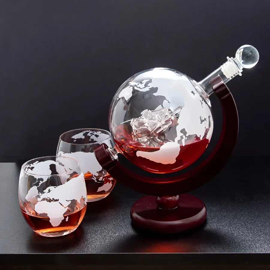 Creative Globe Decanter Set with Lead-free Carafe Exquisite Wood-stand and 2 Whisky Glasses Whiskey Decanter Globe Grade Gift