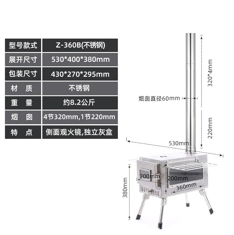 Stainless Steel Firewood Heating Stove Glass Window View Camping Heating Tent Wood Stove