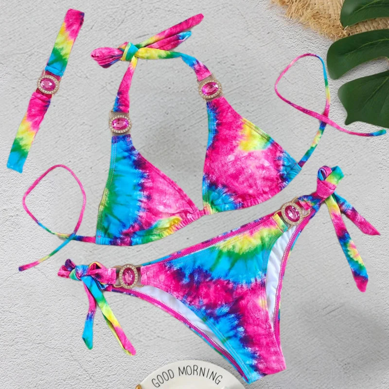 Print Sexy Bikinis Swimsuits With Rhinestones Women's Swimwear Female Push Up Bikini Beach Swim Wear Bathing Suits Pool Bather