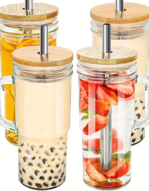 Load image into Gallery viewer, 750ML Glass Cup Wooden Lid Bubble Tea Cold Drinking Coffee Wine Juice Milk Transparent Straw Car Mug Cup Drinkware Water Bottle
