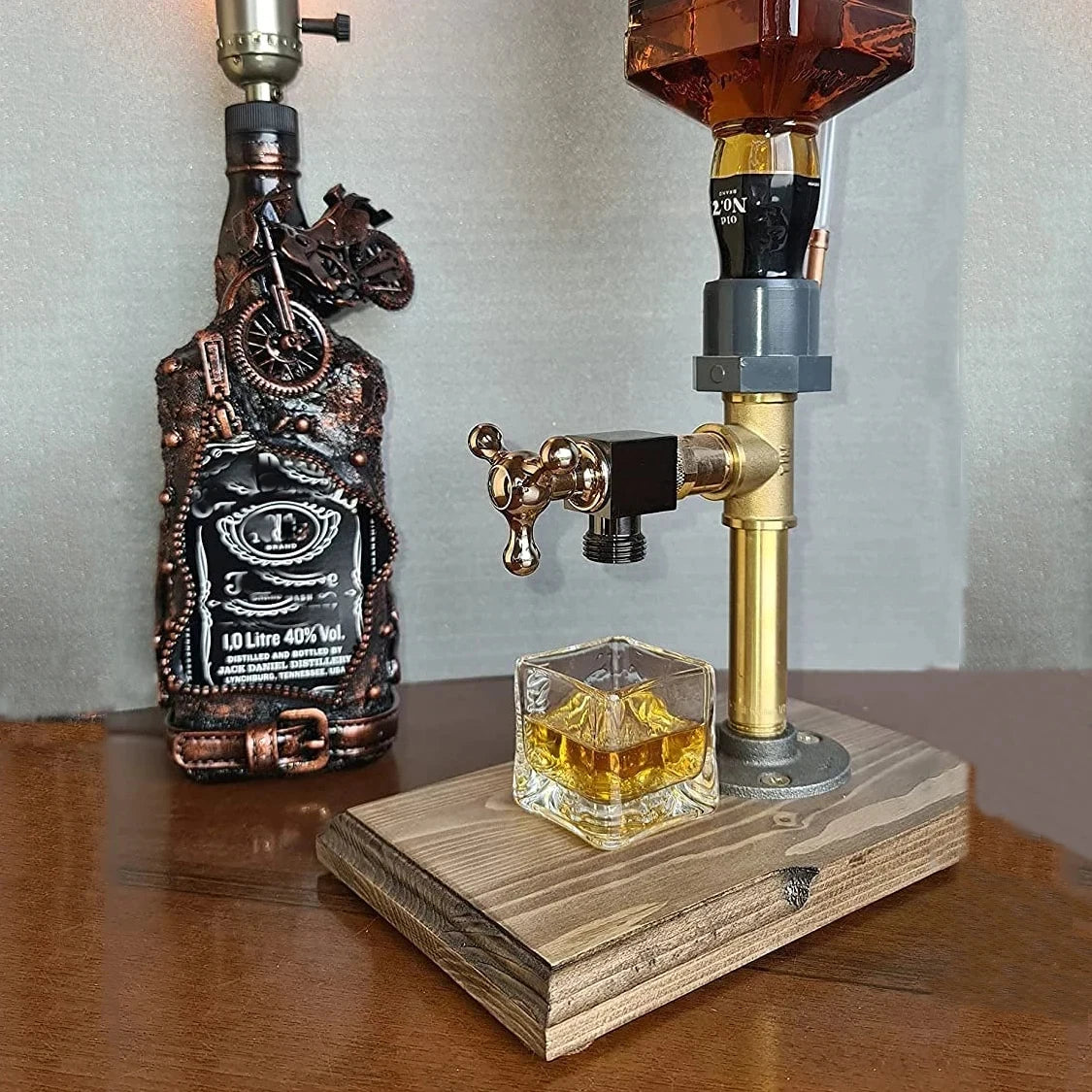 Wooden Whiskey Liquor Dispenser Faucet Shaped Shot Dispenser Beverage Whiskey Holder for Bottle Home Bar Party Bar Accessories