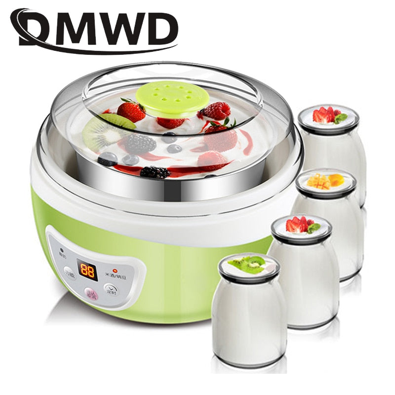 DMWD Multifunctional Electric Yogurt Maker Timing Natto Rice Wine Machine Automatic Yoghurt Fermenter With 4 Leben Glass Cups EU