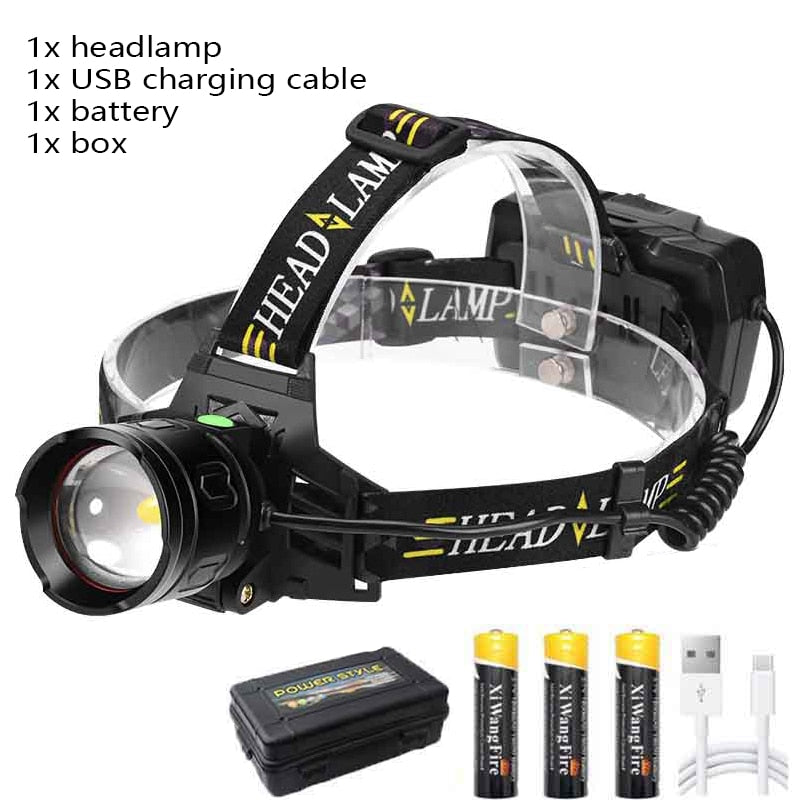 XHP70 Super Strong Headlamp LED Induction Zoom Headlight Type-C USB Rechargeable 3*18650 Battery Outdoor Camping Fishing lantern