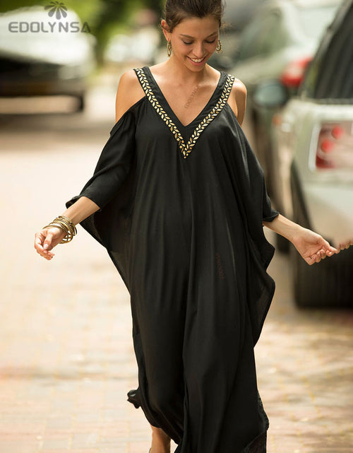 Load image into Gallery viewer, 2023 Sexy Cold Shoulder V Neck Bats Sleeve Loose Summer Beach Dress Plus Size Women Beachwear Kaftan Black Dress Q943
