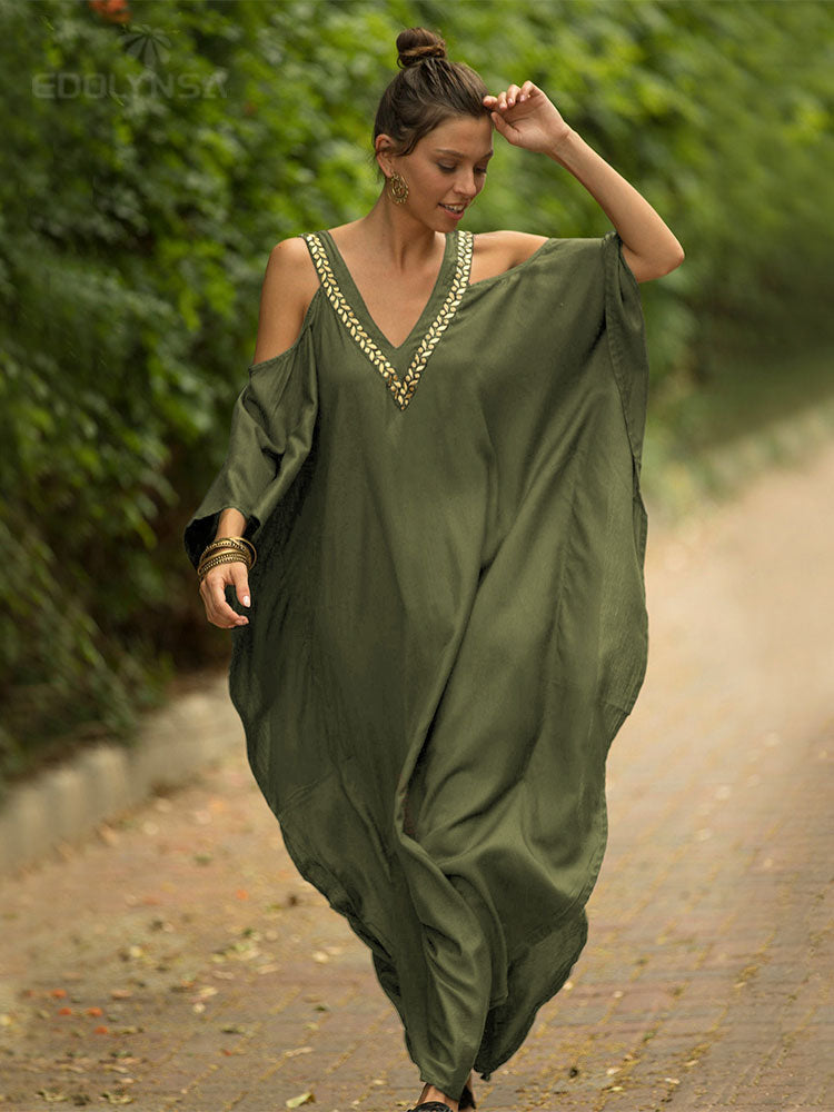 2023 Sexy Cold Shoulder V Neck Bats Sleeve Loose Summer Beach Dress Plus Size Women Beachwear Kaftan Black Dress Q943