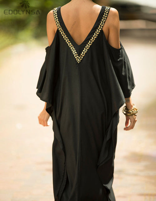 Load image into Gallery viewer, 2023 Sexy Cold Shoulder V Neck Bats Sleeve Loose Summer Beach Dress Plus Size Women Beachwear Kaftan Black Dress Q943
