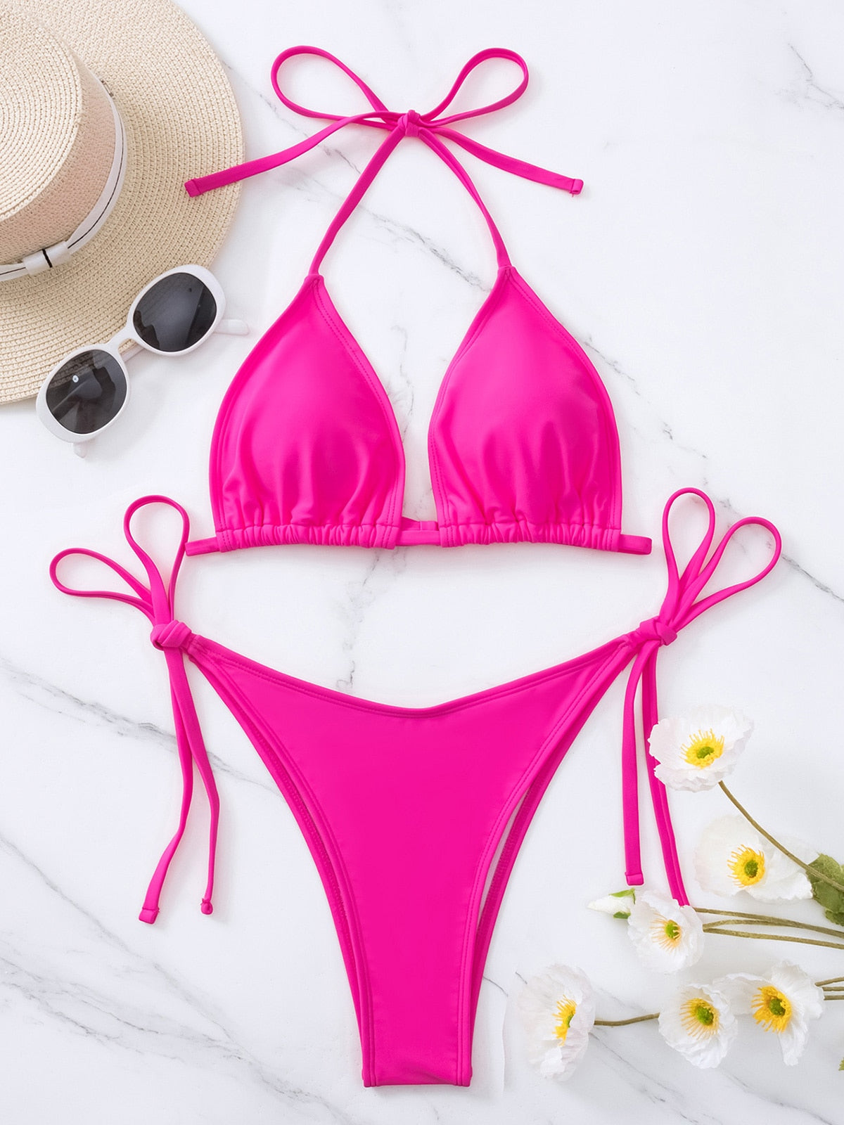 4 Colors Halter Brazilian Bikini Women Swimwear Female Swimsuit Two-pieces Bikini set Padded Bather Bathing Suit Swim Lady V3536