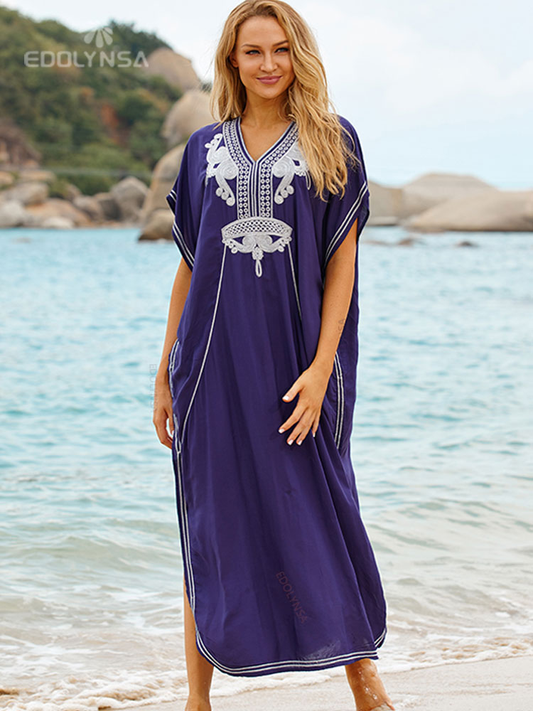 2023 Sexy Cold Shoulder V Neck Bats Sleeve Loose Summer Beach Dress Plus Size Women Beachwear Kaftan Black Dress Q943