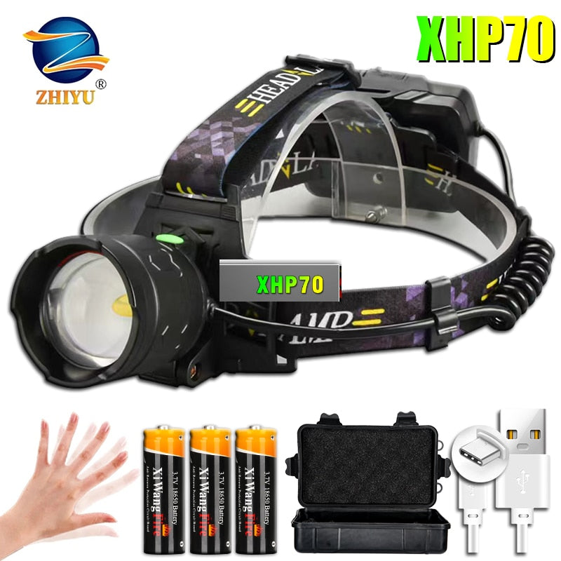 XHP70 Super Strong Headlamp LED Induction Zoom Headlight Type-C USB Rechargeable 3*18650 Battery Outdoor Camping Fishing lantern