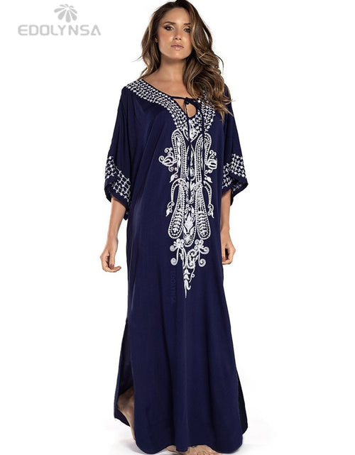 Load image into Gallery viewer, 2023 Sexy Cold Shoulder V Neck Bats Sleeve Loose Summer Beach Dress Plus Size Women Beachwear Kaftan Black Dress Q943
