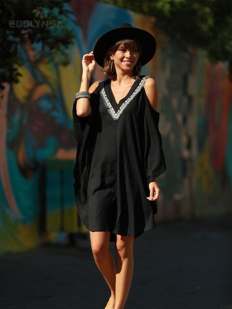 2023 Sexy Cold Shoulder V Neck Bats Sleeve Loose Summer Beach Dress Plus Size Women Beachwear Kaftan Black Dress Q943