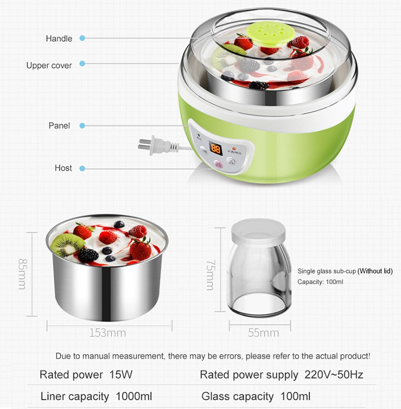 DMWD Multifunctional Electric Yogurt Maker Timing Natto Rice Wine Machine Automatic Yoghurt Fermenter With 4 Leben Glass Cups EU