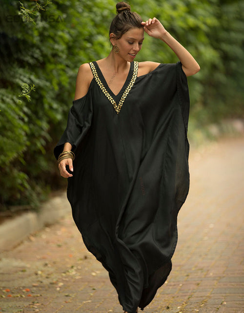 Load image into Gallery viewer, 2023 Sexy Cold Shoulder V Neck Bats Sleeve Loose Summer Beach Dress Plus Size Women Beachwear Kaftan Black Dress Q943
