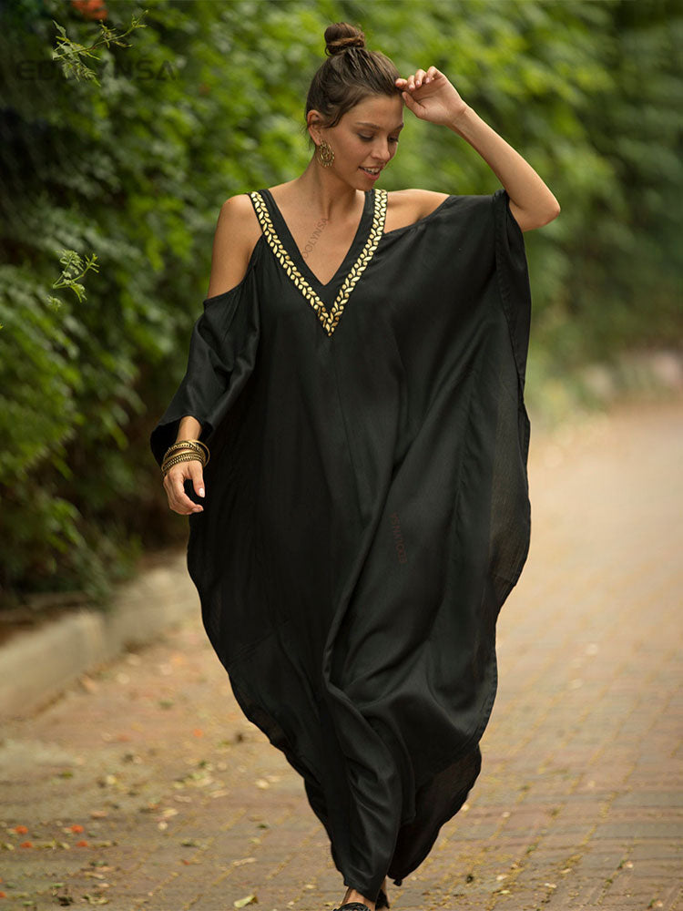 2023 Sexy Cold Shoulder V Neck Bats Sleeve Loose Summer Beach Dress Plus Size Women Beachwear Kaftan Black Dress Q943