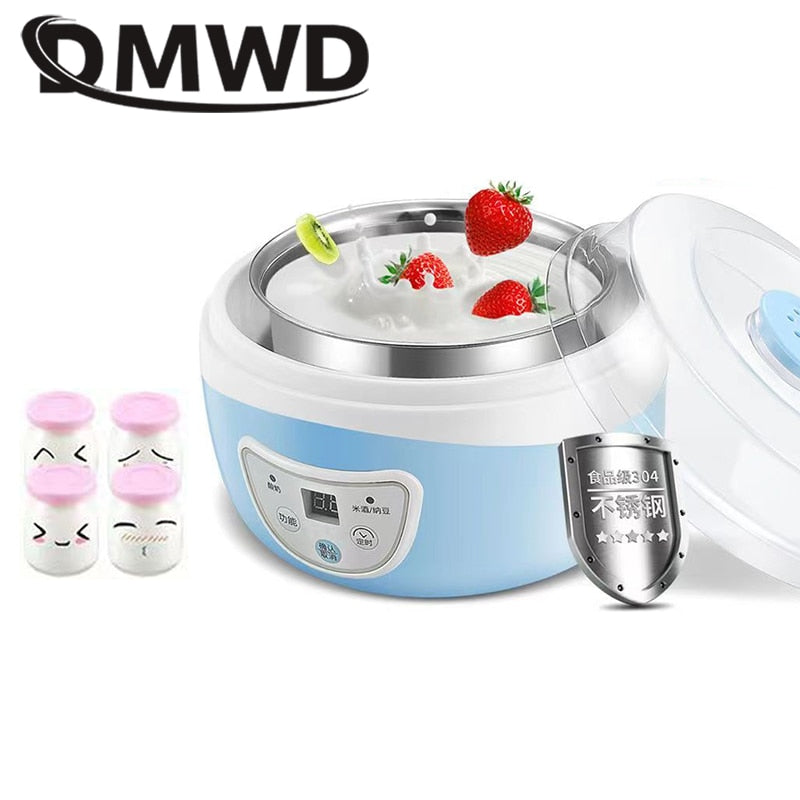 DMWD Multifunctional Electric Yogurt Maker Timing Natto Rice Wine Machine Automatic Yoghurt Fermenter With 4 Leben Glass Cups EU