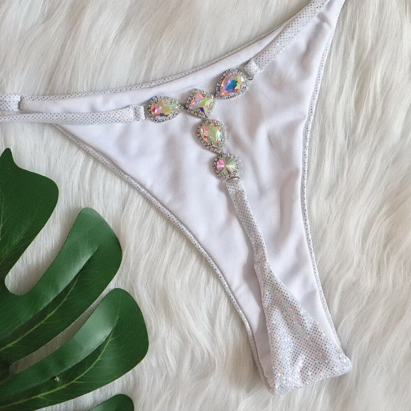 Para Praia Sexy Rhinestones Brazilian Bikini Set Twinkle Swimwear Women Swimsuit Halter Thong T-Back Bikini Micro Bathing Suit