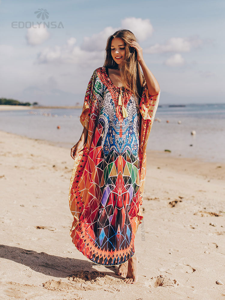 2023 Sexy Cold Shoulder V Neck Bats Sleeve Loose Summer Beach Dress Plus Size Women Beachwear Kaftan Black Dress Q943