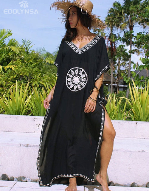 Load image into Gallery viewer, 2023 Sexy Cold Shoulder V Neck Bats Sleeve Loose Summer Beach Dress Plus Size Women Beachwear Kaftan Black Dress Q943
