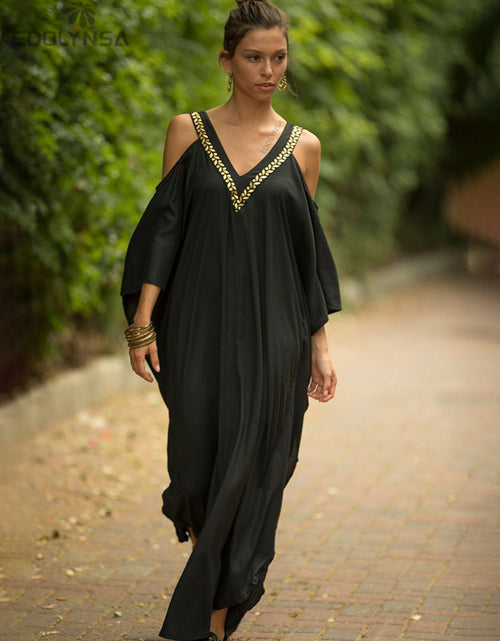 Load image into Gallery viewer, 2023 Sexy Cold Shoulder V Neck Bats Sleeve Loose Summer Beach Dress Plus Size Women Beachwear Kaftan Black Dress Q943
