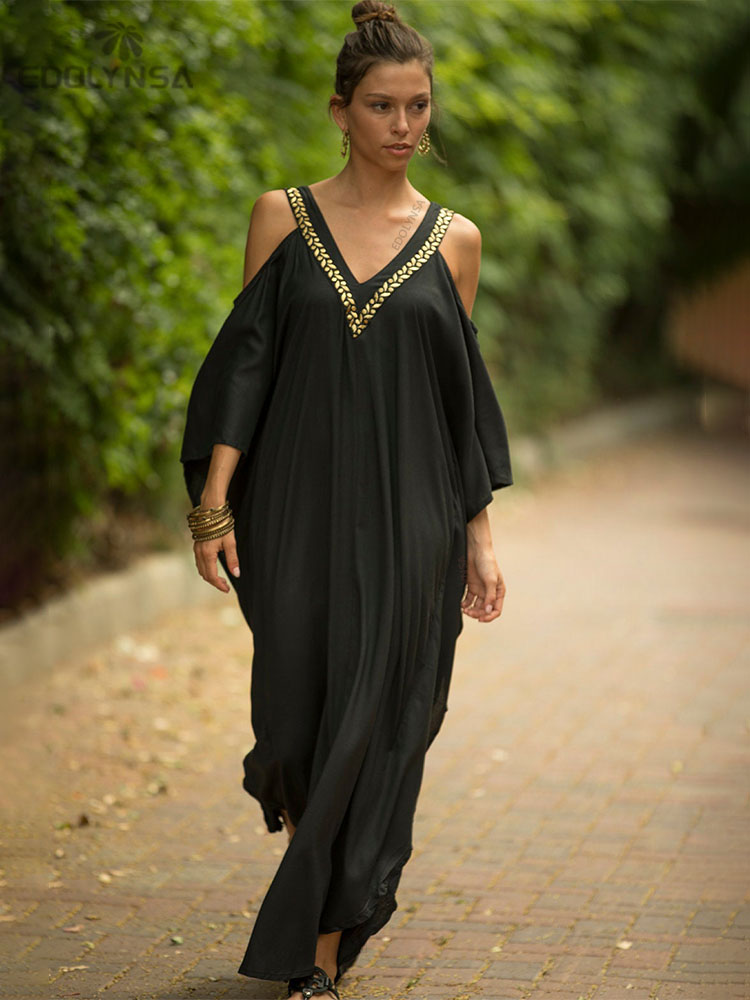 2023 Sexy Cold Shoulder V Neck Bats Sleeve Loose Summer Beach Dress Plus Size Women Beachwear Kaftan Black Dress Q943